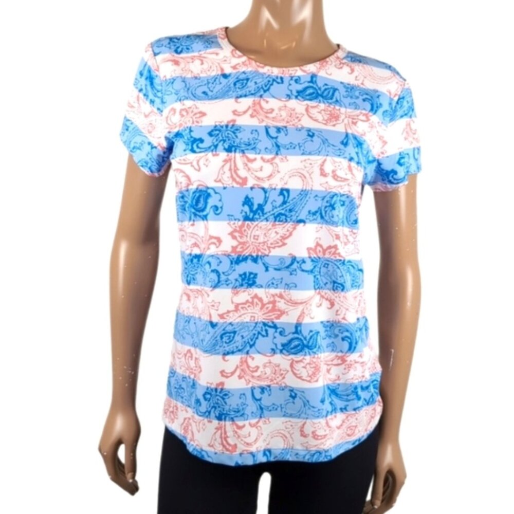 J. McLaughlin Tshirt Size Large Paisley Striped Short Sleeve Coral Blue Top
